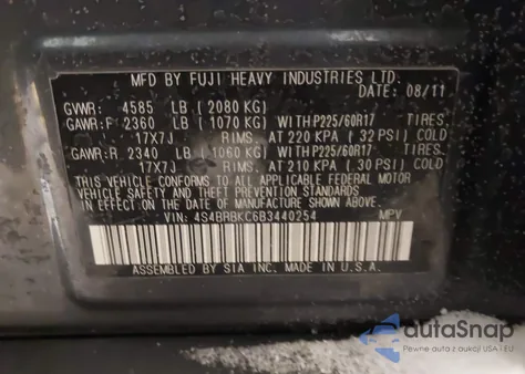 2011 Subaru Outback 2.5I Limited z USA, uszkodzony, nr VIN 4S4BRBKC6B3440254